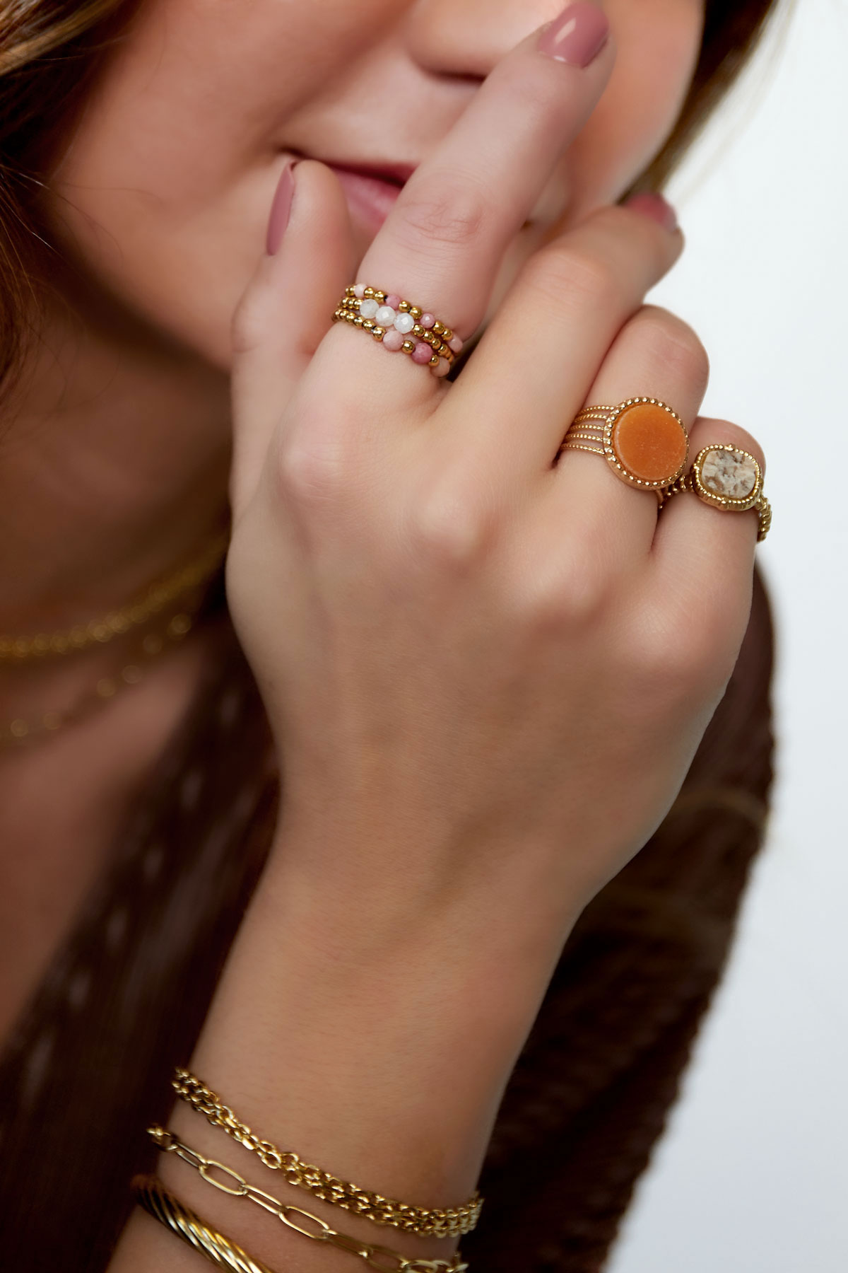 Taşlı Bildiri Yüzüğü - Pembe - Doğal taş koleksiyonu Pink & Gold Stainless Steel One size h5 Resim4